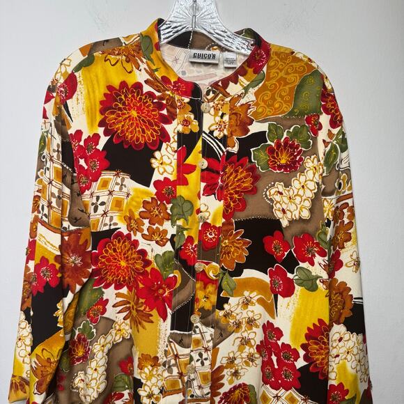 Chico’s Design Silk Blouse Size 3 (XL)Vintage Floral Embellished Shirt Boho - Picture 10 of 11